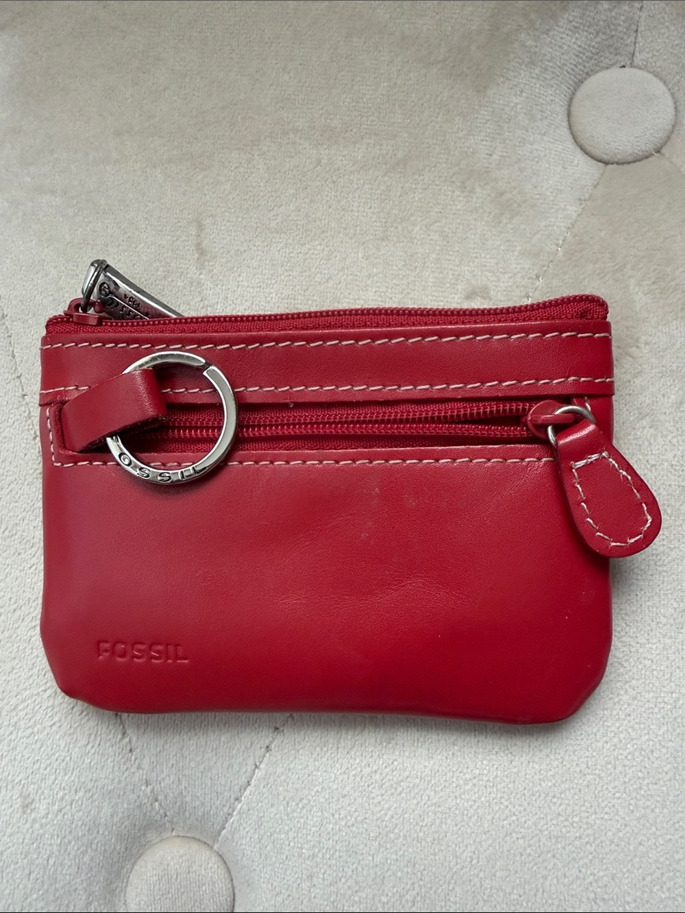Fossil Red Leather Zippered Coin Pouch with Ring